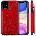 For iPhone 11 Cat Bee Embossing Pattern Shockproof Protective Case with Card Slots & Photo Frame(Red)