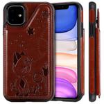 For iPhone 11 Cat Bee Embossing Pattern Shockproof Protective Case with Card Slots & Photo Frame(Brown)