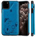 For iPhone 11 Pro Max Cat Bee Embossing Pattern Shockproof Protective Case with Card Slots & Photo Frame(Blue)