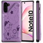 For Galaxy Note 10 Cat Bee Embossing Pattern Shockproof Protective Case with Card Slots & Photo Frame(Purple)