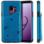 For Galaxy S9 Cat Bee Embossing Pattern Shockproof Protective Case with Card Slots & Photo Frame(Blue)