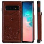 For Galaxy S10 Cat Bee Embossing Pattern Shockproof Protective Case with Card Slots & Photo Frame(Brown)