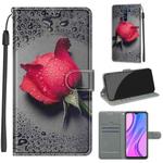 For Xiaomi Redmi 9 Voltage Coloured Drawing Magnetic Clasp Horizontal Flip PU Leather Case with Holder & Card Slots(C14 Black Water Drop Rose)