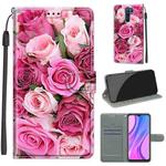 For Xiaomi Redmi 9 Voltage Coloured Drawing Magnetic Clasp Horizontal Flip PU Leather Case with Holder & Card Slots(C17 Green Leaf Pink Rose)