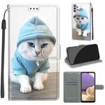 For Samsung Galaxy A32 5G Voltage Colored Drawing Magnetic Clasp Horizontal Flip PU Leather Case with Holder & Card Slots(C15 Blue Sweater White Cat)