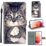 For Samsung Galaxy S21 5G Voltage Colored Drawing Magnetic Clasp Horizontal Flip PU Leather Case with Holder & Card Slots(C02 Fork Hand White Claw Cat)