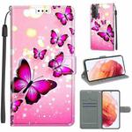 For Samsung Galaxy S21 5G Voltage Colored Drawing Magnetic Clasp Horizontal Flip PU Leather Case with Holder & Card Slots(C03 Gradient Pink Flying Butterflies)