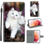For Samsung Galaxy S21 5G Voltage Colored Drawing Magnetic Clasp Horizontal Flip PU Leather Case with Holder & Card Slots(C08 Flower Bush Big White Cat)