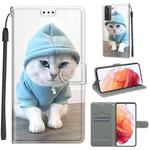 For Samsung Galaxy S21 5G Voltage Colored Drawing Magnetic Clasp Horizontal Flip PU Leather Case with Holder & Card Slots(C15 Blue Sweater White Cat)