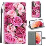 For Samsung Galaxy S21 5G Voltage Colored Drawing Magnetic Clasp Horizontal Flip PU Leather Case with Holder & Card Slots(C17 Green Leaf Pink Rose)