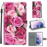 For Samsung Galaxy S21+ 5G Voltage Colored Drawing Magnetic Clasp Horizontal Flip PU Leather Case with Holder & Card Slots(C17 Green Leaf Pink Rose)