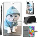 For Samsung Galaxy A51 Voltage Colored Drawing Magnetic Clasp Horizontal Flip PU Leather Case with Holder & Card Slots(C15 Blue Sweater White Cat)