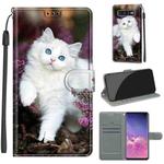 For Samsung Galaxy S10+ Voltage Colored Drawing Magnetic Clasp Horizontal Flip PU Leather Case with Holder & Card Slots(C08 Flower Bush Big White Cat)