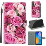 For Huawei P Smart 2021 / Y7a Voltage Colored Drawing Magnetic Clasp Horizontal Flip PU Leather Case with Holder & Card Slots(C17 Green Leaf Pink Rose)