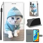 For Huawei P30 Lite Voltage Colored Drawing Magnetic Clasp Horizontal Flip PU Leather Case with Holder & Card Slots(C15 Blue Sweater White Cat)