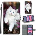 For iPhone 11 Voltage Colored Drawing Magnetic Clasp Horizontal Flip PU Leather Case with Holder & Card Slots (C08 Flower Bush Big White Cat)