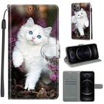 For iPhone 12 / 12 Pro Voltage Colored Drawing Magnetic Clasp Horizontal Flip PU Leather Case with Holder & Card Slots(C08 Flower Bush Big White Cat)