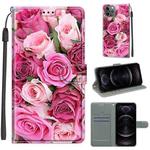 For iPhone 12 / 12 Pro Voltage Colored Drawing Magnetic Clasp Horizontal Flip PU Leather Case with Holder & Card Slots(C17 Green Leaf Pink Rose)
