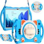 For Samsung Galaxy Tab A7 10.4 2020 SM-T500 Cute Cat King Kids Shockproof Silicone Tablet Case with Holder & Shoulder Strap & Handle(Light Blue)
