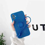 For iPhone 12 Heat Dissipation Cooling Holes Liquid Silicone Straight Edge Shockproof Case with Ring Holder & Strap(Dark Blue)