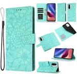 For Xiaomi Redmi K40 / K40 Pro / Poco F3 Skin Feel Embossed Sunflower Horizontal Flip Leather Case with Holder & Card Slots & Wallet & Lanyard(Green)