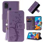 For Samsung Galaxy A21s Embossed Lucky Tree Horizontal Flip Leather Case with Holder & Card Slot & Wallet & Lanyard(Purple)