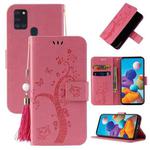 For Samsung Galaxy A21s Embossed Lucky Tree Horizontal Flip Leather Case with Holder & Card Slot & Wallet & Lanyard(Pink)
