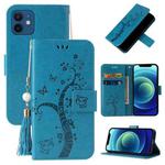 For iPhone 12 mini Embossed Lucky Tree Horizontal Flip Leather Case with Holder & Card Slot & Wallet & Lanyard (Blue)