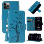 For iPhone 12 Pro Embossed Lucky Tree Horizontal Flip Leather Case with Holder & Card Slot & Wallet & Lanyard(Blue)