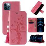 For iPhone 12 Pro Max Embossed Lucky Tree Horizontal Flip Leather Case with Holder & Card Slot & Wallet & Lanyard(Pink)