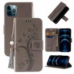 For iPhone 12 Pro Max Embossed Lucky Tree Horizontal Flip Leather Case with Holder & Card Slot & Wallet & Lanyard(Grey)