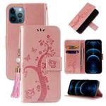 For iPhone 12 Pro Max Embossed Lucky Tree Horizontal Flip Leather Case with Holder & Card Slot & Wallet & Lanyard(Rose Gold)