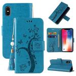 For iPhone X / XS Embossed Lucky Tree Horizontal Flip Leather Case with Holder & Card Slot & Wallet & Lanyard(Blue)