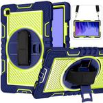 360 Degree Rotation Contrast Color Shockproof Silicone + PC Case with Holder & Hand Grip Strap & Shoulder Strap For Samsung Galaxy Tab A7 10.4 (2020) T500/T505(Navy Blue+Yellow Green)