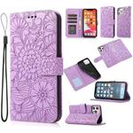 For iPhone 12 Skin Feel Embossed Sunflower Horizontal Flip Leather Case with Holder & Card Slots & Wallet & Lanyard(Purple)