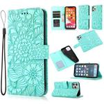 For iPhone 12 mini Skin Feel Embossed Sunflower Horizontal Flip Leather Case with Holder & Card Slots & Wallet & Lanyard (Green)