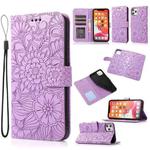 For iPhone 11 Pro Max Skin Feel Embossed Sunflower Horizontal Flip Leather Case with Holder & Card Slots & Wallet & Lanyard (Purple)