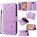For iPhone 11 Skin Feel Embossed Sunflower Horizontal Flip Leather Case with Holder & Card Slots & Wallet & Lanyard (Purple)