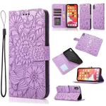 For iPhone X / XS Skin Feel Embossed Sunflower Horizontal Flip Leather Case with Holder & Card Slots & Wallet & Lanyard(Purple)