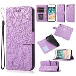 For iPhone SE 2022 / SE 2020 / 7 / 8 Skin Feel Embossed Sunflower Horizontal Flip Leather Case with Holder & Card Slots & Wallet & Lanyard(Purple)