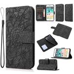 For iPhone SE 2022 / SE 2020 / 7 / 8 Skin Feel Embossed Sunflower Horizontal Flip Leather Case with Holder & Card Slots & Wallet & Lanyard(Black)