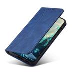 For Samsung Galaxy A72 Skin-feel Calfskin Texture Magnetic Dual-Fold Horizontal Flip Leather Case with Holder & Card Slots & Wallet(Blue)