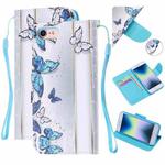 For iPhone SE 2022 / SE 2020 / 8 / 7 Colored Drawing Pattern Cross Texture Horizontal Flip PU Leather Case with Holder & Card Slots & Wallet(Blue Butterfly)