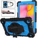 For Samsung Galaxy Tab A 8.0 (2019)T290/T295 Contrast Color Robot Shockproof Silicon + PC Protective Case with Holder & Shoulder Strap(Black+Blue)