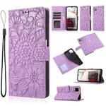 For Samsung Galaxy A12 Skin Feel Embossed Sunflower Horizontal Flip Leather Case with Holder & Card Slots & Wallet & Lanyard(Purple)