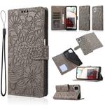 For Samsung Galaxy A12 Skin Feel Embossed Sunflower Horizontal Flip Leather Case with Holder & Card Slots & Wallet & Lanyard(Gray)