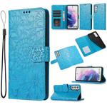 For Samsung Galaxy S21 5G Skin Feel Embossed Sunflower Horizontal Flip Leather Case with Holder & Card Slots & Wallet & Lanyard(Blue)
