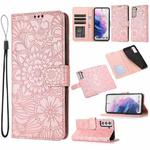 For Samsung Galaxy S21 5G Skin Feel Embossed Sunflower Horizontal Flip Leather Case with Holder & Card Slots & Wallet & Lanyard(Rose Gold)