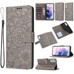 For Samsung Galaxy S21 5G Skin Feel Embossed Sunflower Horizontal Flip Leather Case with Holder & Card Slots & Wallet & Lanyard(Gray)