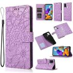 For Samsung Galaxy A21s Skin Feel Embossed Sunflower Horizontal Flip Leather Case with Holder & Card Slots & Wallet & Lanyard(Purple)